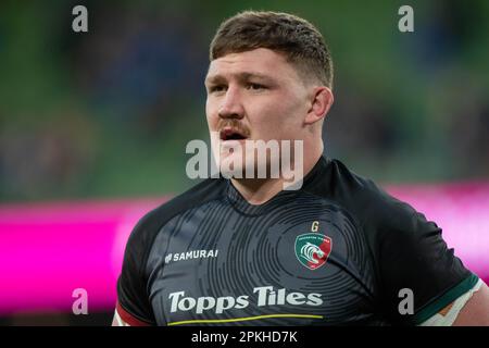 Dublin, Irland. 08. April 2023. Jasper Wiese von Leicester während des Heineken Champions Cup, Viertelfinalspiels zwischen Leinster Rugby und Leicester Tigers im Aviva Stadium in Dublin, Irland, am 7. April 2023 (Foto: Andrew SURMA/Credit: SIPA USA/Alamy Live News Stockfoto