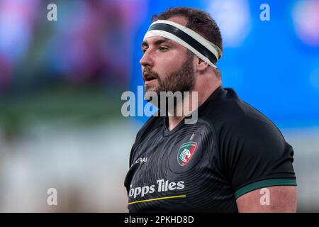 Dublin, Irland. 08. April 2023. James Cronin aus Leicester während des Heineken Champions Cup, Viertelfinalspiels zwischen Leinster Rugby und Leicester Tigers im Aviva Stadium in Dublin, Irland, am 7. April 2023 (Foto: Andrew SURMA/Credit: SIPA USA/Alamy Live News Stockfoto