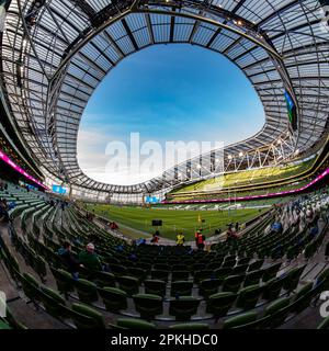 Dublin, Irland. 07. April 2023. Während des Heineken Champions Cup, Viertelfinalspiels zwischen Leinster Rugby und Leicester Tigers im Aviva Stadium in Dublin, Irland, am 7. April 2023 (Foto: Andrew SURMA/Credit: SIPA USA/Alamy Live News Stockfoto