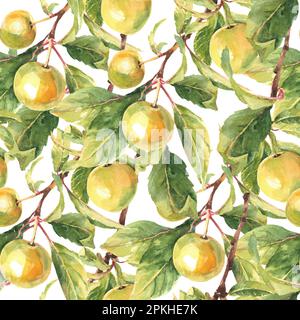 Nahtlos gemusterte wunderschöne Apfelbäume mit gelben Äpfeln. Aquarelldarstellung Stockfoto