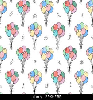 Süßes Ballonmuster. Nahtloser Vektorhintergrund mit Doodle Ballons. Feiertagssymbole. Geburtstagsfeiern, Hochzeiten oder andere Veranstaltungen – bunte Kritzeleien. Stock Vektor