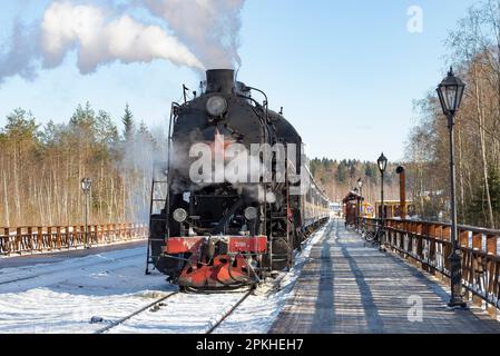 RUSKEALA, RUSSLAND - 10. MÄRZ 2021: Alte sowjetische Dampflokomotive L-2198 mit Retro-Zug Ruskeala Express auf der Ruskeala Mountain Park Station auf einer Sonne Stockfoto