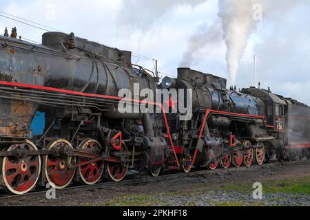 SORTAVALA, RUSSLAND - 09. OKTOBER 2022: Bei den alten sowjetischen Dampflokomotiven an einem bewölkten Oktobermorgen. Bahnhof Sortavala Stockfoto