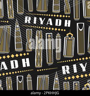 Vector Riyadh Seamless Pattern, quadratischer, sich wiederholender Hintergrund mit Illustration der berühmten stadtlandschaft von riad auf dunklem Hintergrund für Geschenkpapier, Dekor Stock Vektor