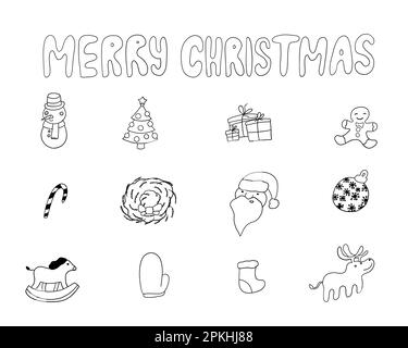 Frohes Weihnachtsset. Vektorelemente im Modellstil Doodle isoliert auf weißem Hintergrund. Stock Vektor