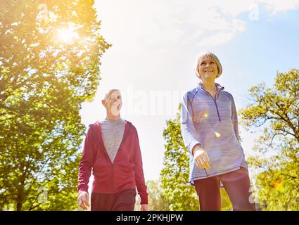 Der perfekte Tag für einen Spaziergang. Kleiner Winkel von einem liebevollen Seniorenpaar, das im Sommer im Park spaziert. Stockfoto