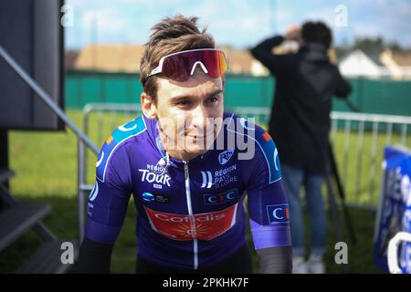 Le Mans, Frankreich. 07. April 2023. Bryan Coquard von Cofidis während der Région Pays de la Loire Tour 2023, UCI Europe Tour Radrennen, Stufe 4, Sablé-sur-Sarthe - Le Mans (177, 8 km) am 7. April 2023 in Le Mans, Frankreich - Foto Laurent Lairys/DPPI Credit: DPPI Media/Alamy Live News Stockfoto