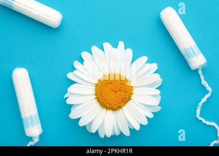 Medizinische Kamillenblüte und Menstruationshygienetampon. Medizinisches Konzeptfoto auf Blau Stockfoto