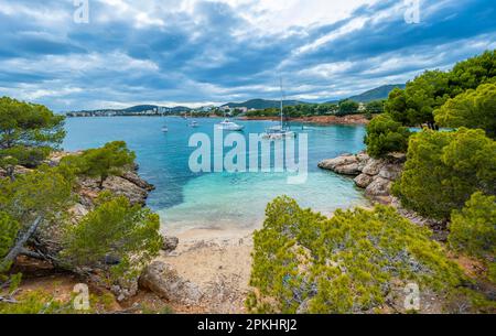 Kleine Bucht mit Sandstrand und blauem Meer, Segelyachten in der Bucht, Cala Punta Negra, Badia de Palma, Mallorca, Balearen, Spanien Stockfoto