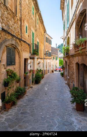 Häuser mit Blumentöpfen dekoriert, Gasse mit typischen Steinhäusern, Valldemossa, Serra de Tramuntana, Mallorca, Balearen, Spanien Stockfoto