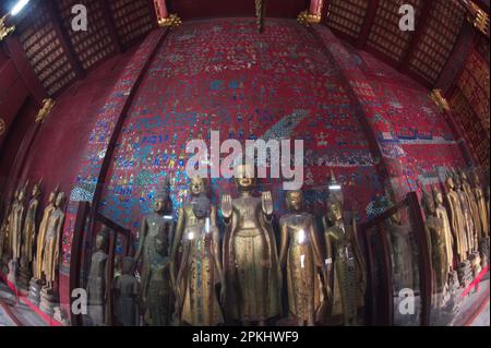 Eine Gruppe antiker Buddha-Bilder verschiedener Größen in der Chariot Hall in Wat Xieng Thong ist eines der schönsten und reichsten Laos. Stockfoto