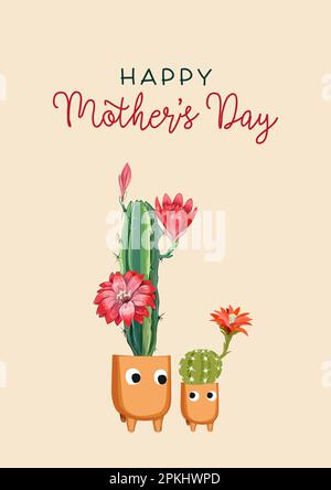 Karte zum Muttertag mit niedlichen Kakteen. Stock Vektor