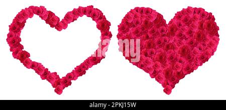 Rote Rosen in Herzform auf weißem Hintergrund. Stockfoto