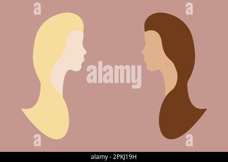 Zwei Frauen verschiedener Rassen reden miteinander. Eine Blondine mit brauner Haut und eine braunhaarige Frau mit gelber Haut auf beigem Hintergrund. Stock Vektor