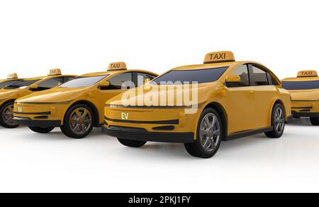 3D viele Taxis oder Elektrofahrzeuge mit gelbem Hintergrund Stockfoto