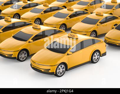 3D viele Taxis oder Elektrofahrzeuge mit gelbem Hintergrund Stockfoto