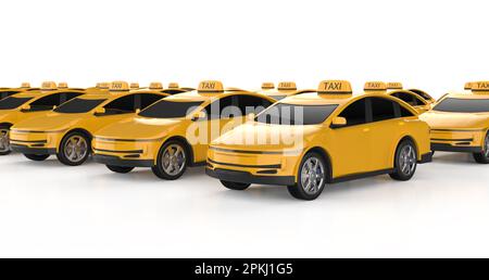 3D viele Taxis oder Elektrofahrzeuge mit gelbem Hintergrund Stockfoto