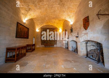 Zimmer des Sala Mayor, auch Tinell genannt, mit Wappen und Wandteppichen, Innenausstattung des Königspalastes La Almudaina, Palau Reial de Stockfoto