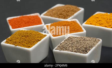 Auswahl an Pulvergewürzen in Schüsseln. Selektiver Fokus. Chili, Kurkuma, Pfeffer, Currpulver usw. Stockfoto