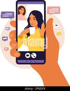 Halten Sie Ihr Smartphone während eines Videoanrufs in der Hand, um mit einem Freund zu chatten. Landing-Page. Videokonferenz mit Doug, entfernte Diskussion. Vektordarstellung Stock Vektor