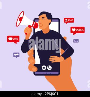 Hände halten Smartphone und ein Mann schreit laut im Lautsprecher. Influencer Marketing, Social Media oder Netzwerkwerbung. Werbedienstleistungen für Blogger und Stock Vektor