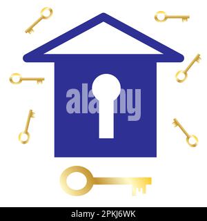 Eine einfache Zeichnung eines Hauses mit einem Schlüsselloch und goldenen Schlüsseln auf weißem Hintergrund. Das Konzept eines neuen Gehäuses, Schlüsselbund. Stock Vektor