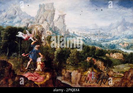 Landschaft mit dem Angebot von Isaac 1535/1545 von Herri Met de Bles Stockfoto