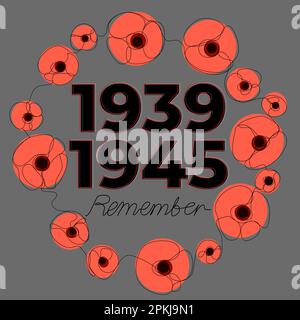 Runder Rahmen mit einzeiligem Mohn auf grauem Hintergrund. Stock Vektor