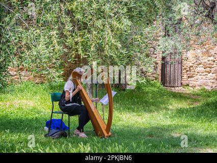 Harfenspielerin im Park der mittelalterlichen Stadt San Gimignano, Provinz Siena, Toskana, Italien - 2. Juni 2021 Stockfoto