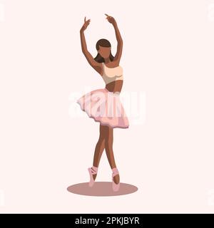 Vektordarstellung klassisches Ballett. Afroamerikanerin Balletttänzerin in pinkfarbenem Tutu und pointe-Schuhe tanzen auf weißem Hintergrund. Wunderschöne, junge, gesichtslose Ballerina in flachem Stil Stock Vektor