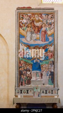 Innere der St. Augustiner Kirche: St. Sebastian, mittelalterliches Fresko von Benozzo Gozzoli (AD 1464), San Gimignano, Provinz Siena, Toskana, Italien - Juni Stockfoto