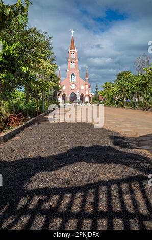 Frisch gepflückte Kaffeekirschen trocknen auf der Einfahrt der katholischen Hoang Yen Kirche in Chu Prong, Provinz Gia Lai, Vietnam. Stockfoto