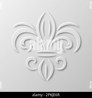 Vector Realistic Paper 3D Fleur De Lis Nahaufnahme auf weißem Hintergrund. Heraldisches Lily-Zeichen, Vektorbild Stock Vektor