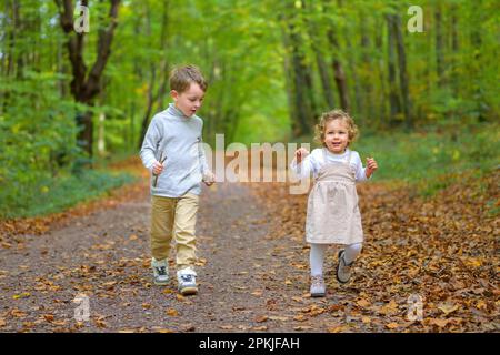 Der Bruder läuft im Herbst mit seiner kleinen Schwester glücklich durch den Wald Stockfoto