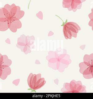 Nahtloses Muster mit wunderschönen, zarten Sakura-Blumen und Blütenblättern in Aquarellfarben Stock Vektor