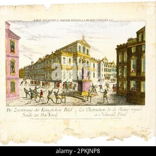Zerstörung der königlichen Statue in New Yorkamerikanischen Revolutionssoldaten, unterstützt von freien Schwarzen und Sklaven, die die Statue von König George III. Am Broadway und Bowling Green in New York am 9. Juli 1776 herunterziehen (Die führende Statue wurde später nach Connecticut gebracht und geschmolzen, um Kugeln und Gewehre zu erzeugen). Der Titel ist rückwärts eingraviert, da die Werke an einer Wand oder einem Bildschirm gezeigt werden sollten, und zwar mit einer „magischen Laterne“, einem optischen Gerät, das das Bild mithilfe von Kerzen und Spiegeln projiziert. 1771/1781 von Balthasar Friedrich Leizelt Stockfoto