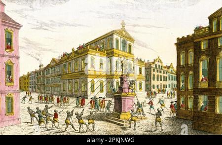 Zerstörung der königlichen Statue in New Yorkamerikanischen Revolutionssoldaten, unterstützt von freien Schwarzen und Sklaven, die die Statue von König George III. Am Broadway und Bowling Green in New York am 9. Juli 1776 herunterziehen (Die führende Statue wurde später nach Connecticut gebracht und geschmolzen, um Kugeln und Gewehre zu erzeugen). Der Titel ist rückwärts eingraviert, da die Werke an einer Wand oder einem Bildschirm gezeigt werden sollten, und zwar mit einer „magischen Laterne“, einem optischen Gerät, das das Bild mithilfe von Kerzen und Spiegeln projiziert. 1771/1781 von Balthasar Friedrich Leizelt Stockfoto