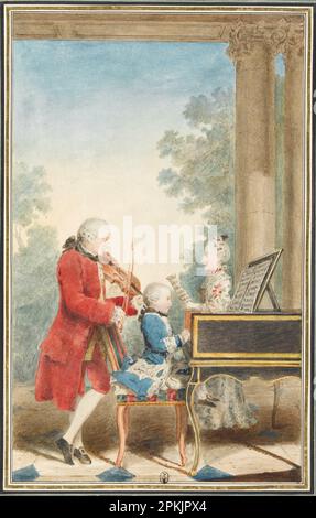 Portrait de Wolfgang Amadeus Mozart (Salzburg, 1756-Vienne, 1791) jouant à Paris avec son père Jean-Georg-Léopold et sa sœur Maria-Anna 1763 von Louis Carrogis de Carmontelle Stockfoto