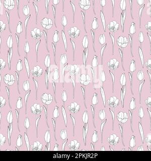 Handgezeichnetes, nahtloses Vektormuster von Tulpen, kritzeln, Tinte zerkratzen Stock Vektor