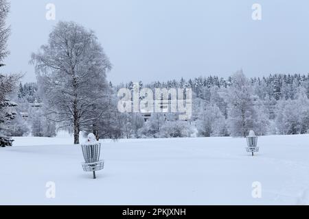 Bewölkter Tag mit neu gefallenem Schnee kurz nach der Wintersonnenwende, im Winter. Einige Gebäude im Hintergrund. Stockfoto