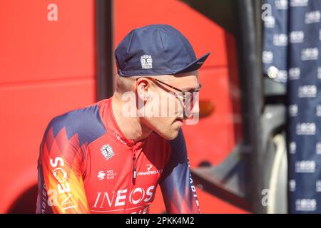 Amorebieta-Etxano, Euskadi, Spanien. 7. April 2023. Ekin, Spanien, 07. April 2023: Der INEOS - Grenadiers Rider, Ethan Hayter während der 5. Etappe des Baskenlandes Itzulia 2023 zwischen Ekin und Amorebieta-Etxano, am 07. April 2023, in Ekin, Spanien. (Kreditbild: © Alberto Brevers/Pacific Press via ZUMA Press Wire) NUR ZUR REDAKTIONELLEN VERWENDUNG! Nicht für den kommerziellen GEBRAUCH! Kredit: ZUMA Press, Inc./Alamy Live News Stockfoto