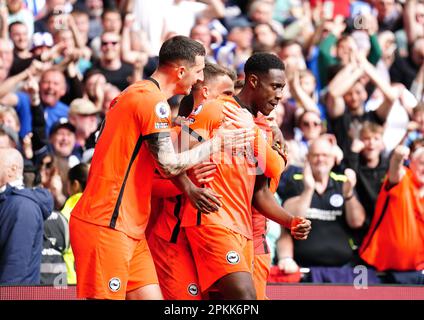 Danny Welbeck von Brighton und Hove Albion feiert ein Tor, das der VAR während des Premier League-Spiels im Tottenham Hotspur Stadium in London ausgeschlossen hat. Foto: Samstag, 8. April 2023. Stockfoto