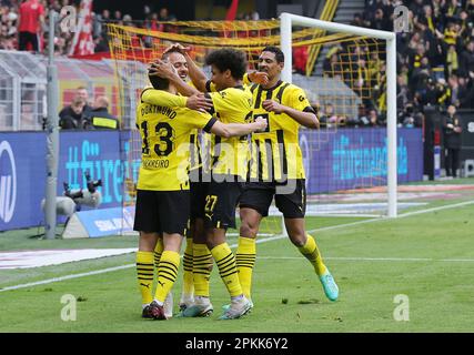 Dortmund, Deutschland. 08. April 2023. firo : 08.04.2023, Fußball, 1. Liga, 1. Bundesliga, Staffel 2022/2023, BVB, Borussia Dortmund - Union Berlin Jubilation BVB bis 1:0 bei MALEN/dpa/Alamy Live News Stockfoto