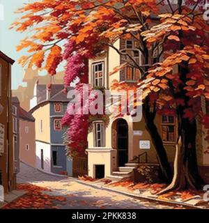 Herbstliche Natur, Dorf, Land, Stadtlandschaften. Vektordarstellung des natürlichen, urbanen und rustikalen Hintergrunds für Poster, Banner, Karten, Broschüren oder Stock Vektor