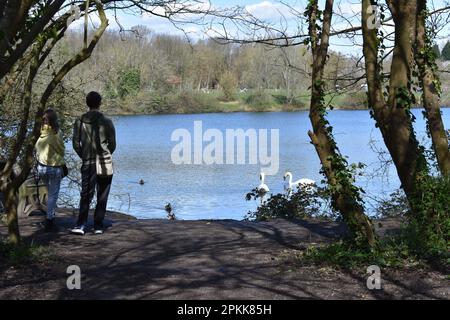 Mann und Frau genießen den Cosmeston Lakes Country Park Stockfoto