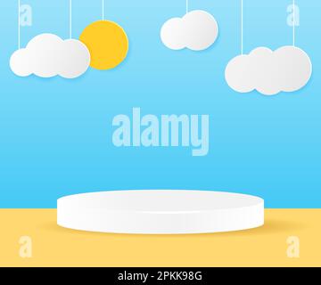 3D-Papierschnitt der Sommersaison . Sonne und Wolken auf blauem Himmelshintergrund mit kreisförmigem Podium für die Präsentation der Produkte. Vektor-Illustration Stock Vektor