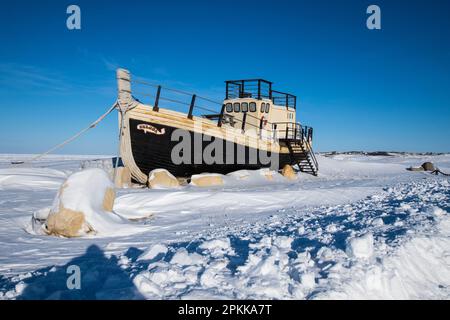 Das Beluga-Boot an einem Strand in der Hudson Bay in Churchill, Manitoba, Kanada Stockfoto