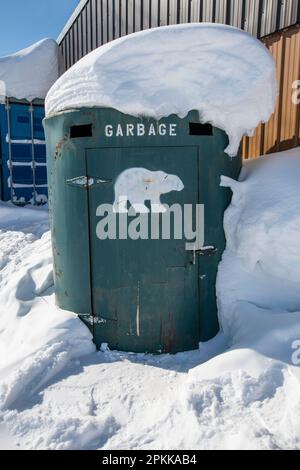 Green Bär-sicherer Müllcontainer in Downtown Churchill, Manitoba, Kanada Stockfoto