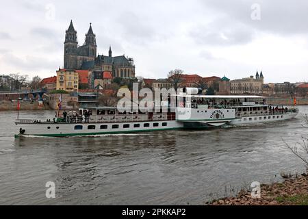 Magdeburg, Deutschland. 08. April 2023. Der Passagier-Paddeldampfer Dresden fährt auf seiner 500 km langen Fahrt nach Hamburg vorbei. Es war 1989, als der Paddeldampfer Dresden zum ersten Mal in die Hansestadt Hamburg segelte - damals noch unter den besonderen Bedingungen der innerdeutschen Division. Mehr als 30 Jahre später organisierte die Weiße Flotte Dresden diesen besonderen Ausflug auf der Elbe. Kredit: Peter Gercke/dpa-Zentralbild/dpa/Alamy Live News Stockfoto