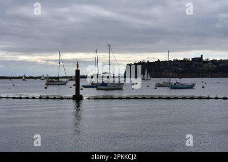 Yachten vor Anker in Cardiff Bay, Cardiff, Wales Stockfoto